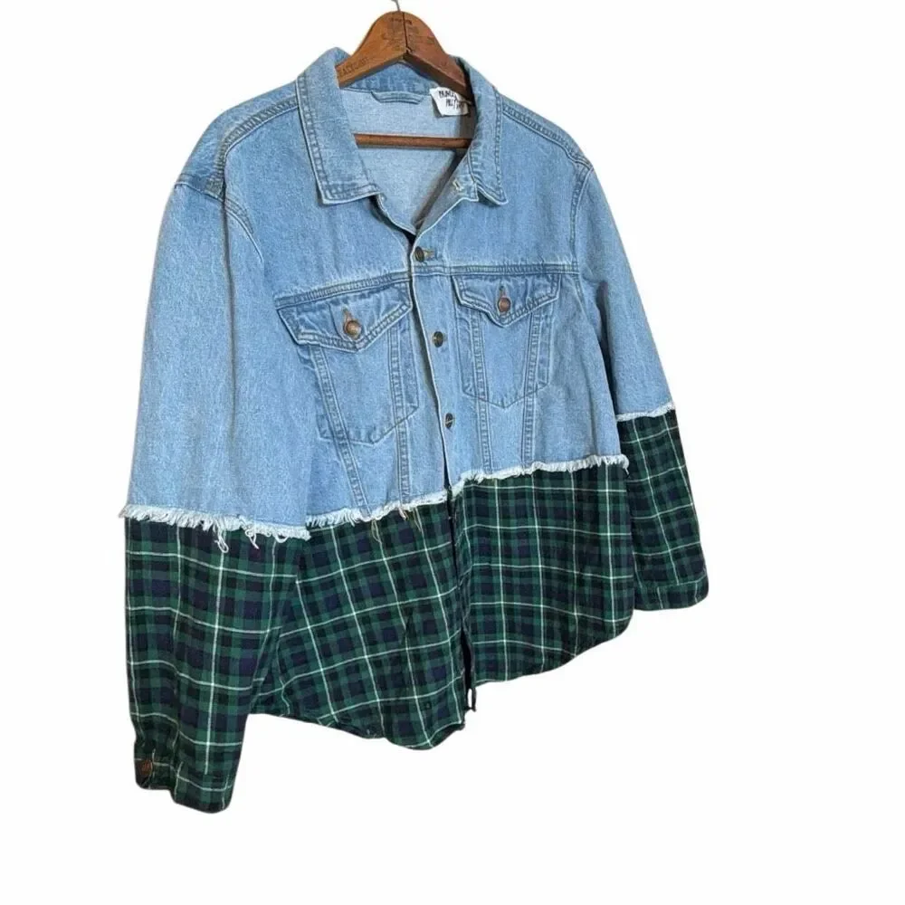 Princess Polly Mixed Media Denim & Flannel Larkin Jean Jacket Blue Green S/M‎